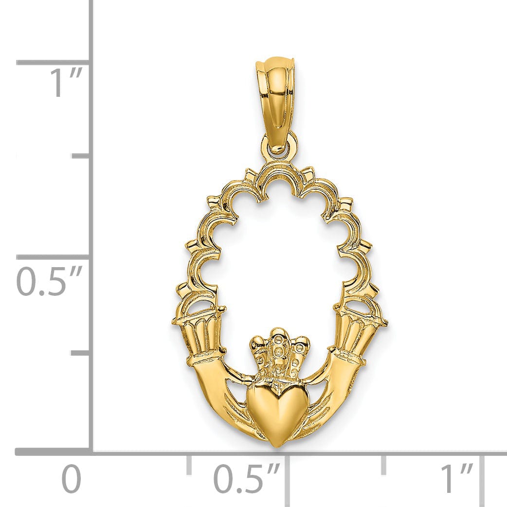 14K Yellow Gold Textured Polished Finish In Ova Shape Claddagh Design with Lace Trim Charm Pendant