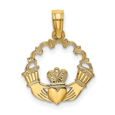 14K Yellow Gold Polished Finish Claddagh In Scallop Circle Design Charm Pendant at $ 60.66 only from Jewelryshopping.com