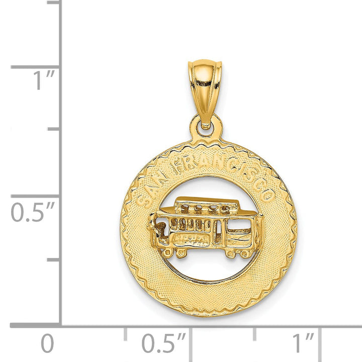 14K Yellow Gold Polished Textured Finish SAN FRANCISCO with Cable Car in Circle Design Charm Pendant