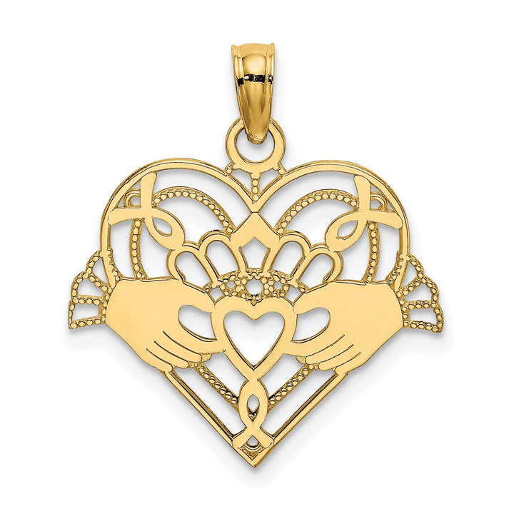 14K Yellow Gold Open Back Polished Finish with Beaded Design Claddagh In Heart Charm Pendant