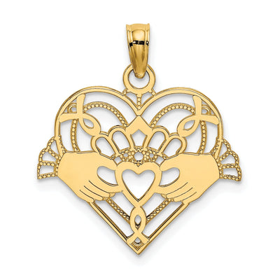 14K Yellow Gold Open Back Polished Finish with Beaded Design Claddagh In Heart Charm Pendant at $ 73.05 only from Jewelryshopping.com