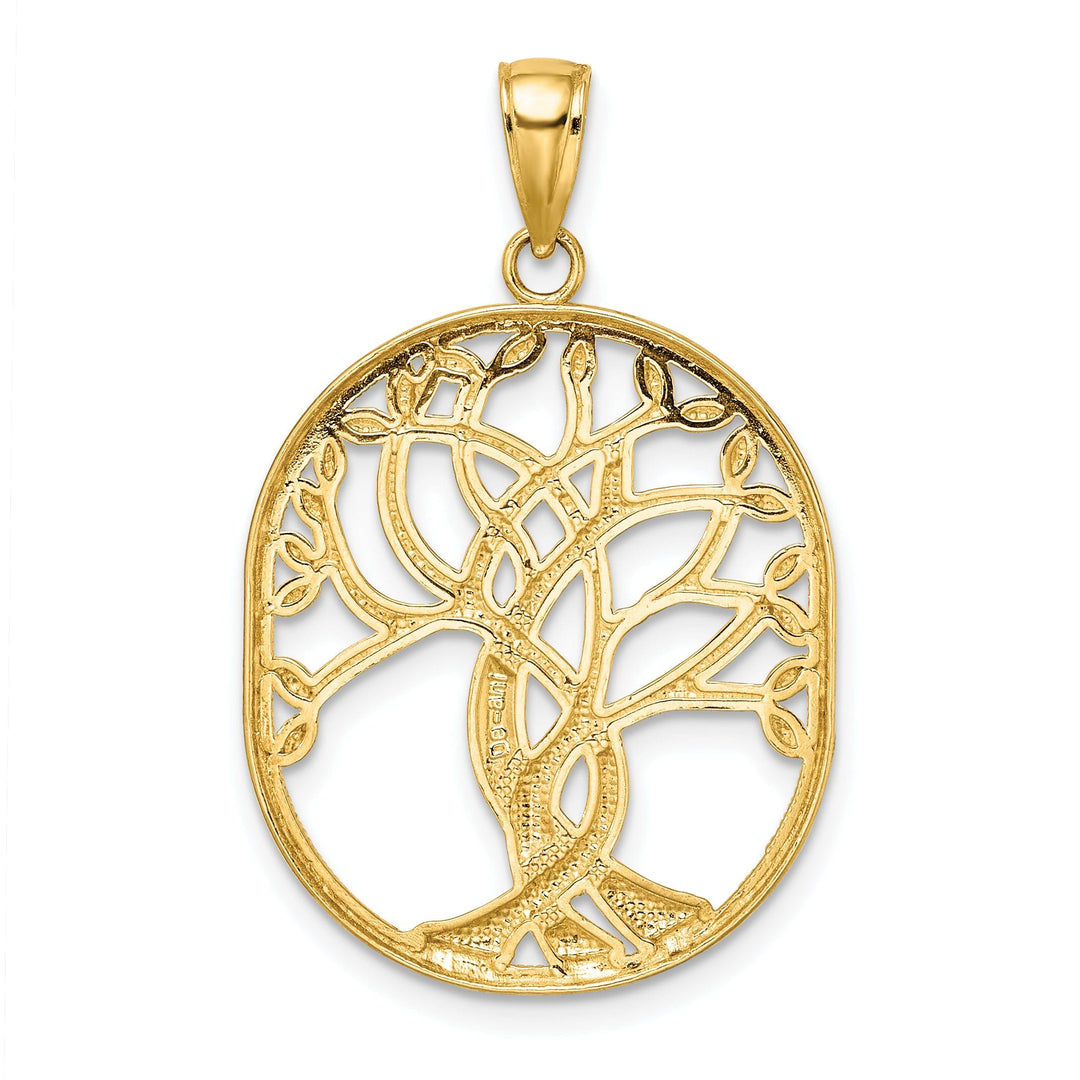 14K Yellow Gold Open Back Textured Polished Finish Tree of Life Celtic Knot in Oval Frame Charm Pendant