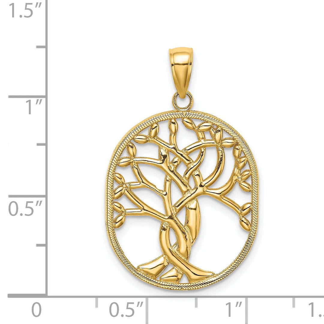 14K Yellow Gold Open Back Textured Polished Finish Tree of Life Celtic Knot in Oval Frame Charm Pendant