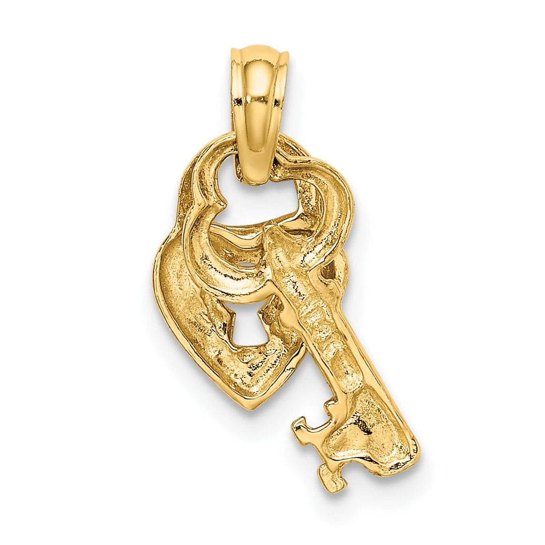 14K Yellow Gold Concave Moveable Dangling Heart with Key Charm Pendant