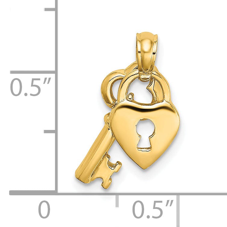 14K Yellow Gold Concave Moveable Dangling Heart with Key Charm Pendant