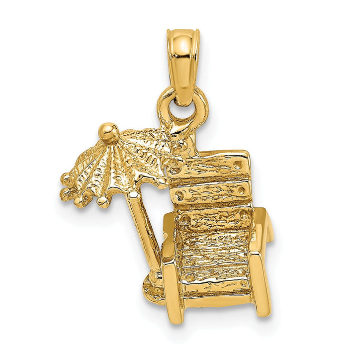 14K Yellow Gold Textured Polished Finish 3-Dimensional Beach Chair with Umbrella Charm Pendant