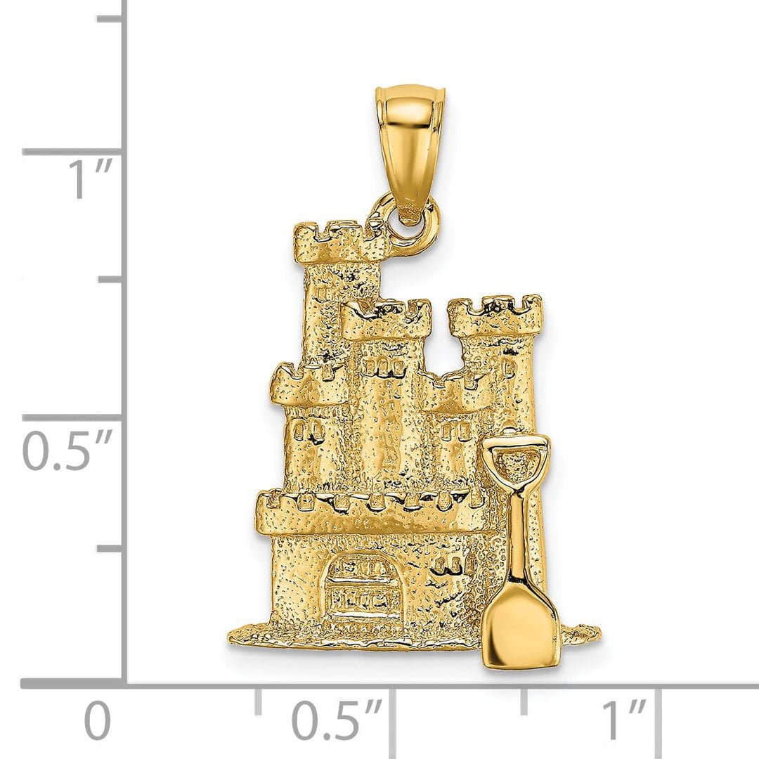 14K Yellow Gold Polished Textured Finish 3-Dimensional Sand Castle with Shovel Charm Pendant