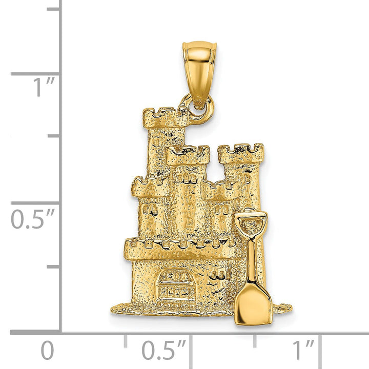 14K Yellow Gold Polished Textured Finish 3-Dimensional Sand Castle with Shovel Charm Pendant