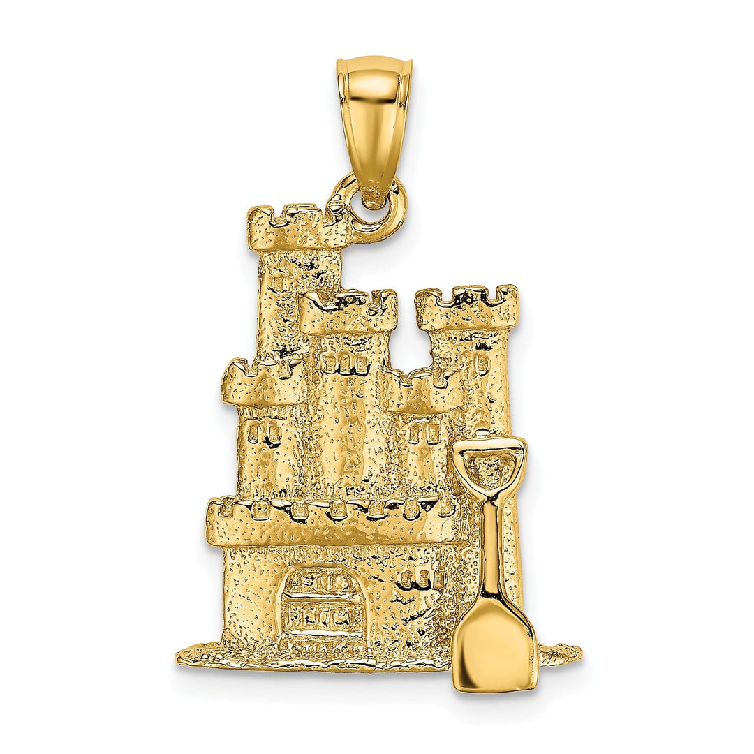 14K Yellow Gold Polished Textured Finish 3-Dimensional Sand Castle with Shovel Charm Pendant