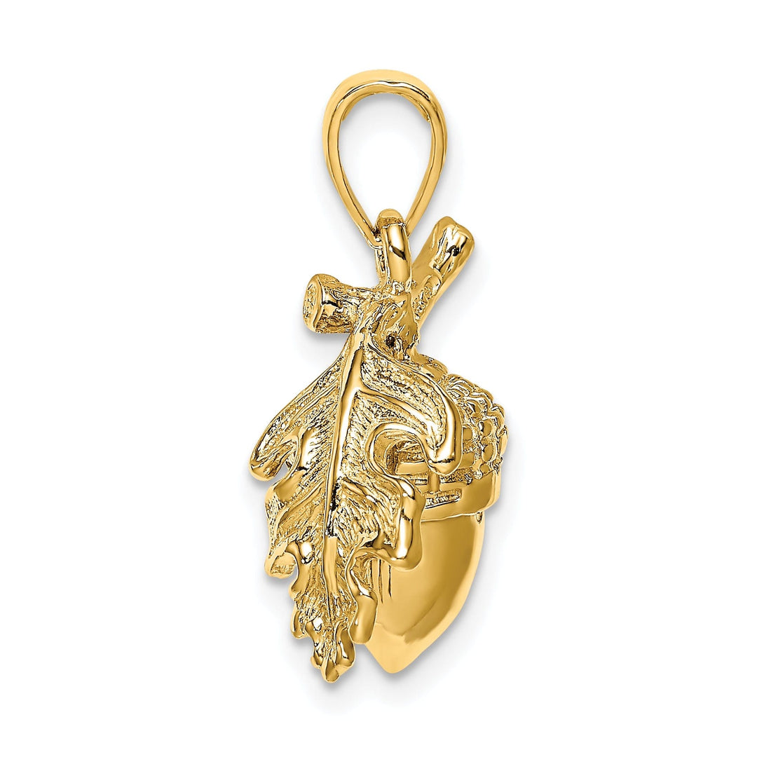 14k Yellow Gold 3D Solid Textured Polished Finish Acorn with Leaf Charm Pendant