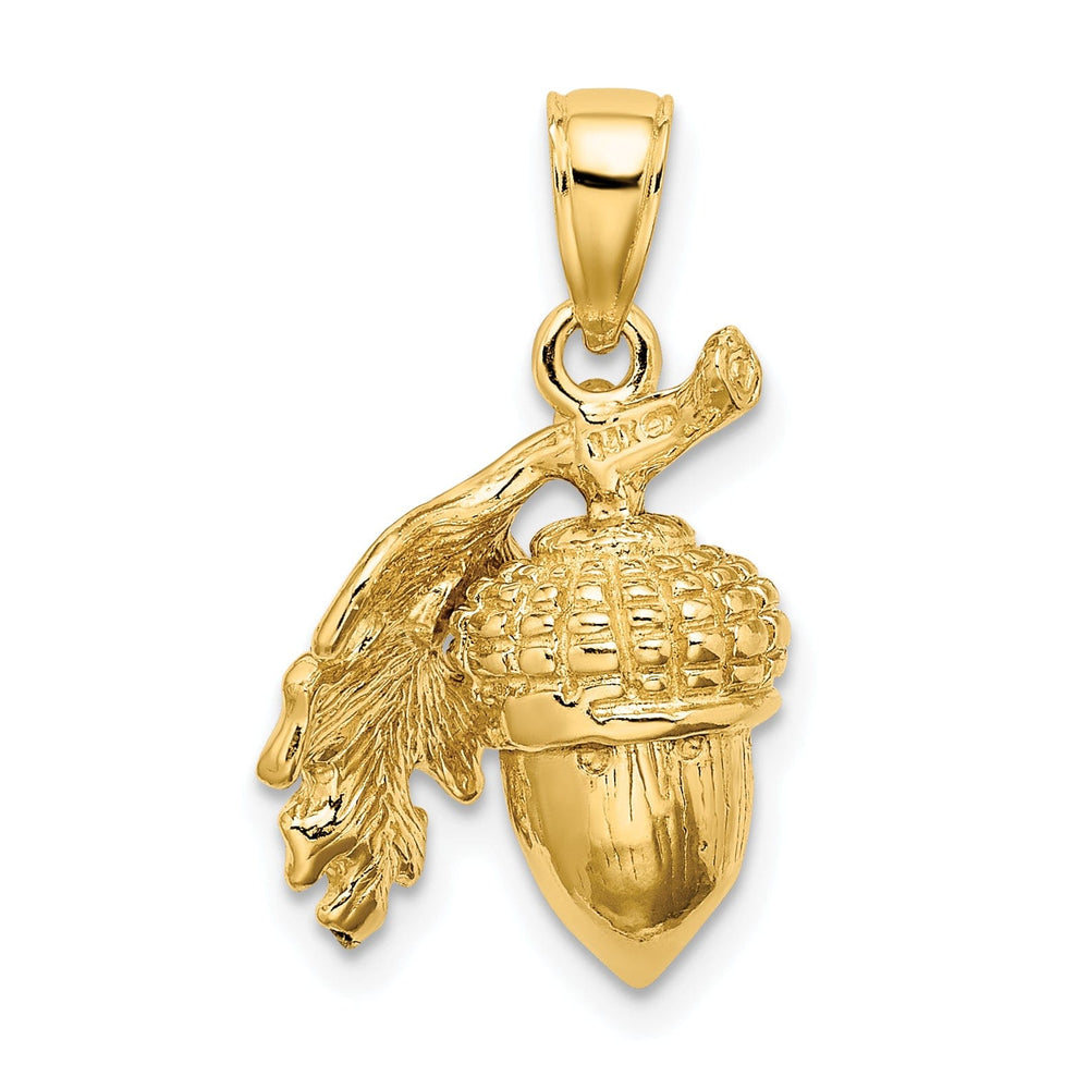 14k Yellow Gold 3D Solid Textured Polished Finish Acorn with Leaf Charm Pendant