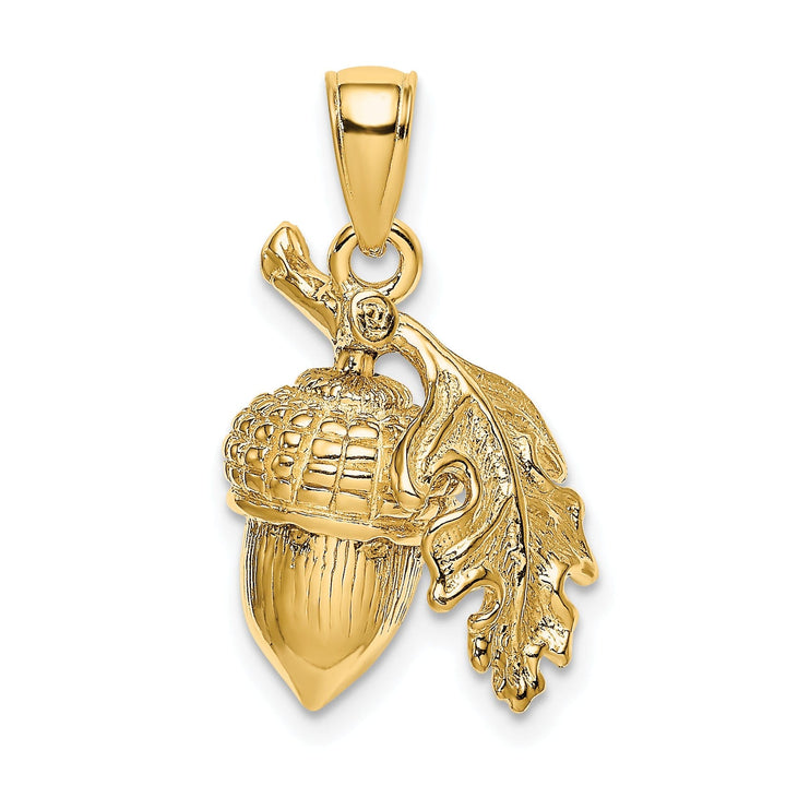 14k Yellow Gold 3D Solid Textured Polished Finish Acorn with Leaf Charm Pendant