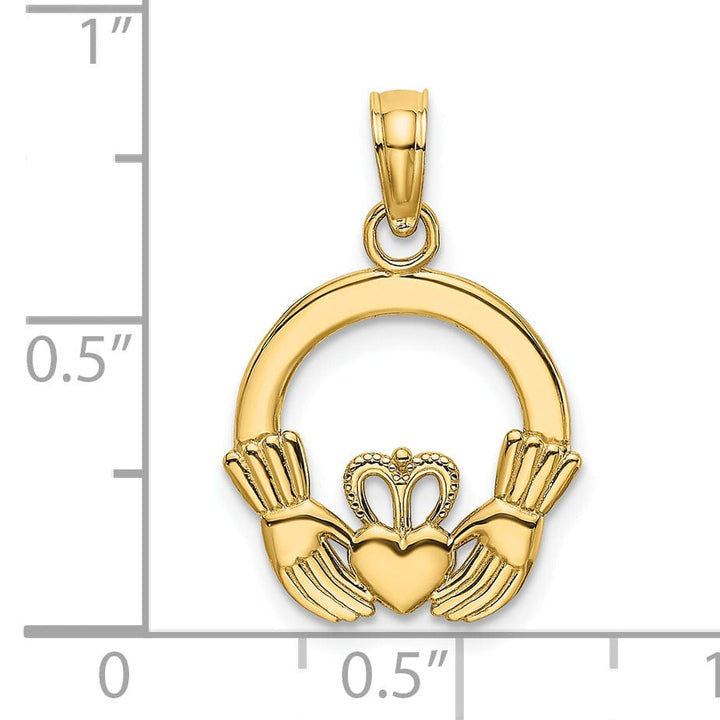 14k Yellow Gold Textured Back Polished Finish Claddagh Design Charm Pendant