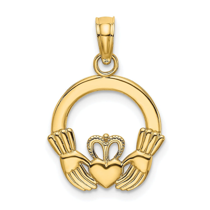 14k Yellow Gold Textured Back Polished Finish Claddagh Design Charm Pendant