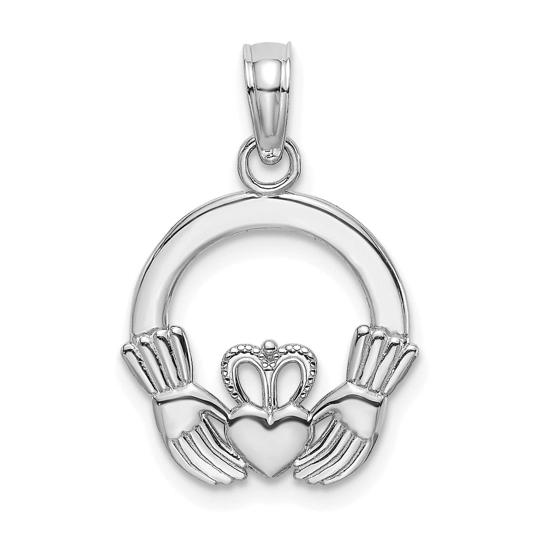 14k White Gold Textured Back Polished Finish Claddagh Design Charm Pendant