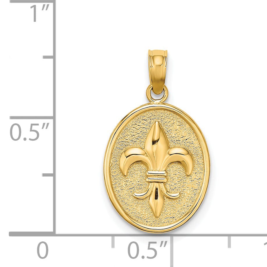 14K Yellow Gold Textured Polished Finish Fleur de Lis on Oval Disc Shape Design Charm Pendant