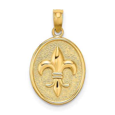 14K Yellow Gold Textured Polished Finish Fleur de Lis on Oval Disc Shape Design Charm Pendant at $ 136.1 only from Jewelryshopping.com