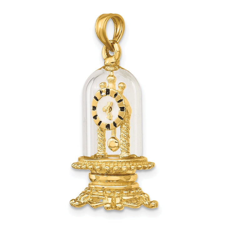 14K Yellow Gold Polished White Enamel Finish 3-Dimensional Moveable Clock In Glass Dome Charm Pendant