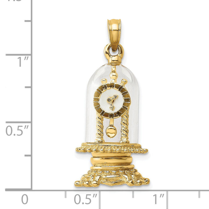 14K Yellow Gold Polished White Enamel Finish 3-Dimensional Moveable Clock In Glass Dome Charm Pendant