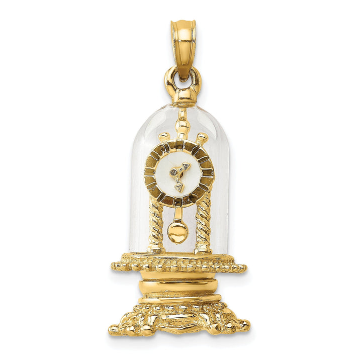 14K Yellow Gold Polished White Enamel Finish 3-Dimensional Moveable Clock In Glass Dome Charm Pendant