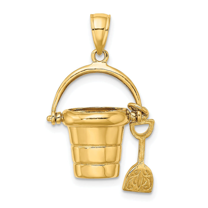 14k Yellow Gold Polished Finish 3-Dimensional Moveable Beach Pail with Shovel Charm Pendant