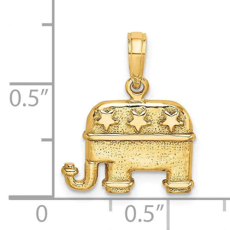 14K Yellow Gold Textured Polished Finish 3-D Republican Elephant Pendant