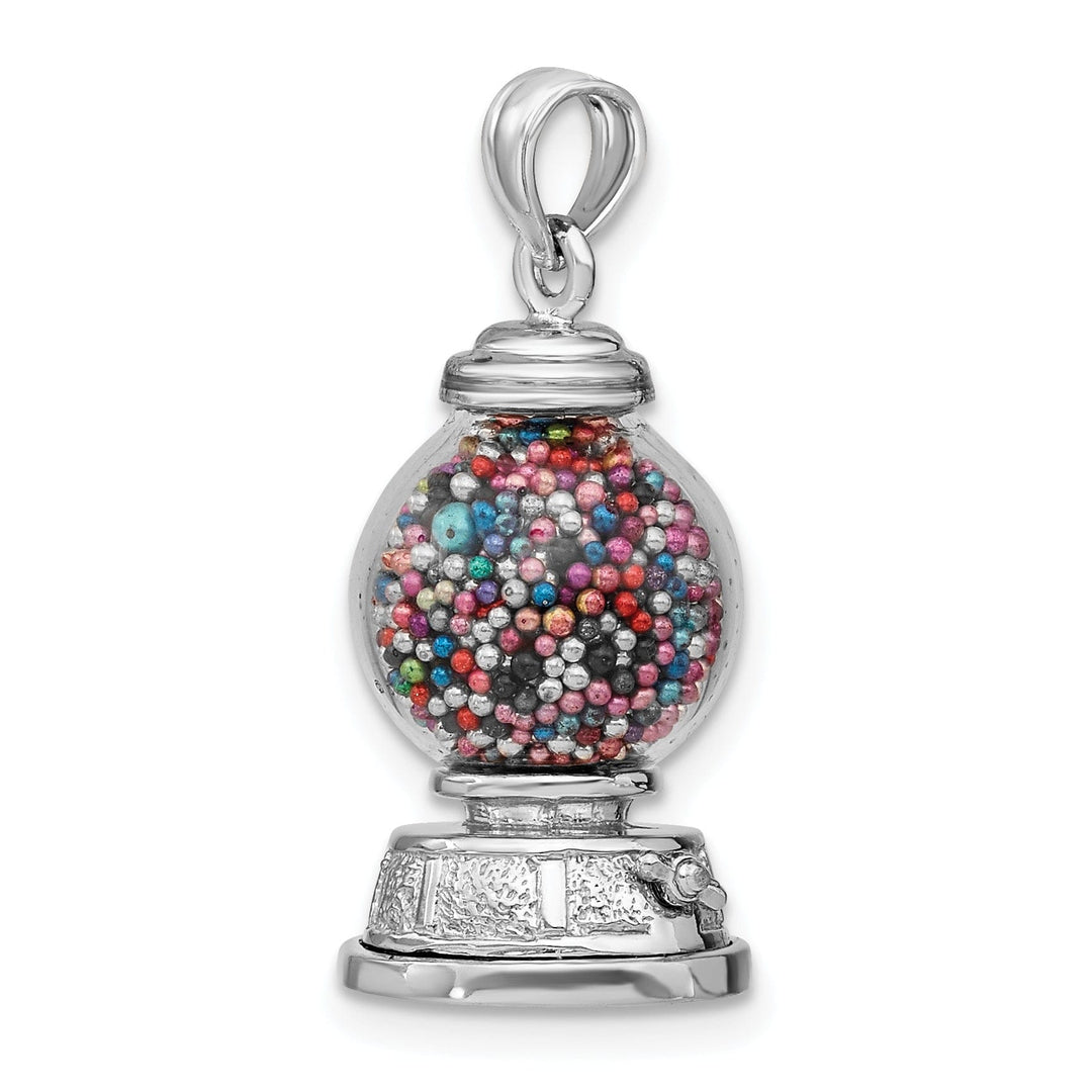 14K White Gold Polished Finish 3-Dimensional Moveable Gumball Machine with Glass Design Charm Pendant