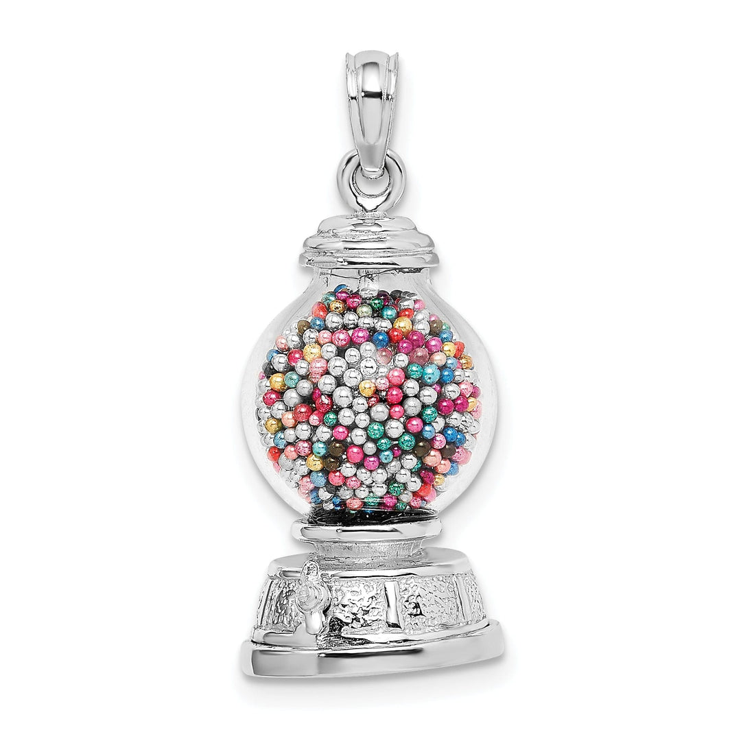 14K White Gold Polished Finish 3-Dimensional Moveable Gumball Machine with Glass Design Charm Pendant