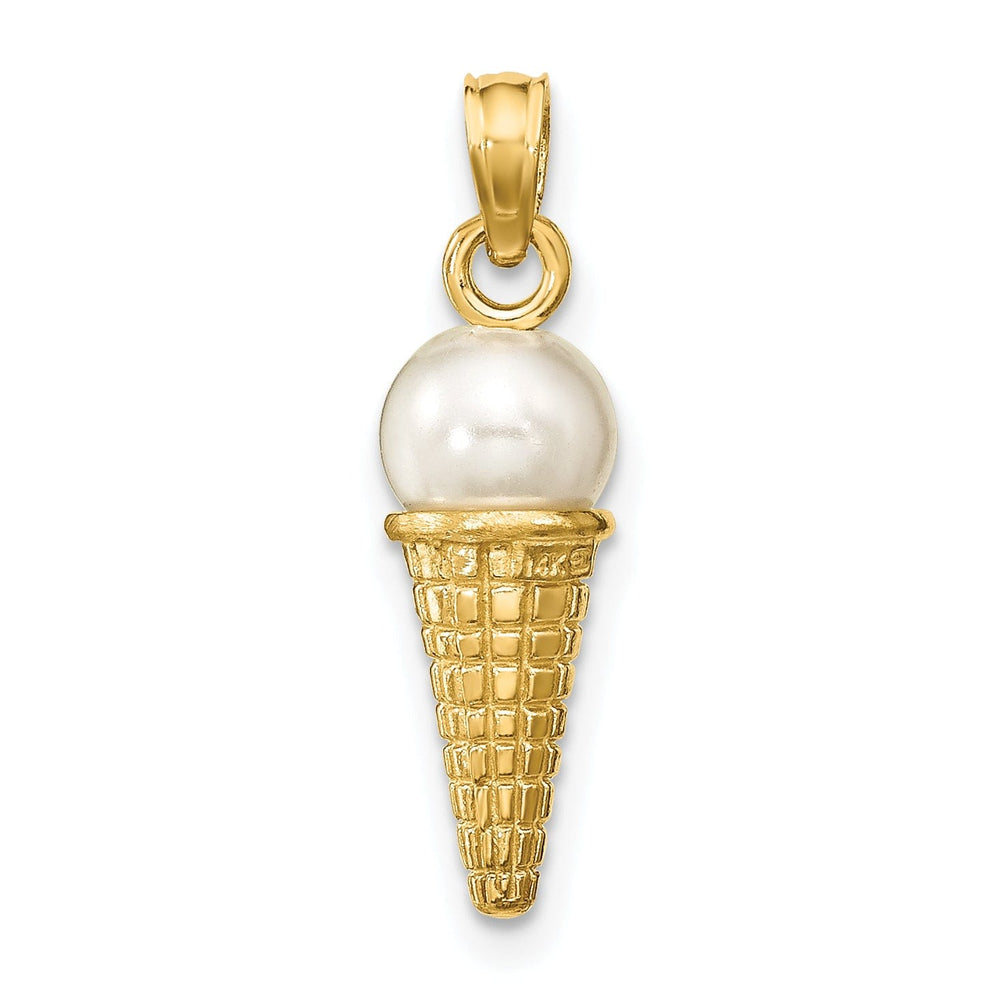 14K Yellow Gold Satin Polished Finish 3-D with White Bead Ice Cream Cone Charm