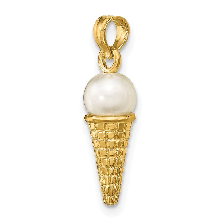 14K Yellow Gold Satin Polished Finish 3-D with White Bead Ice Cream Cone Charm