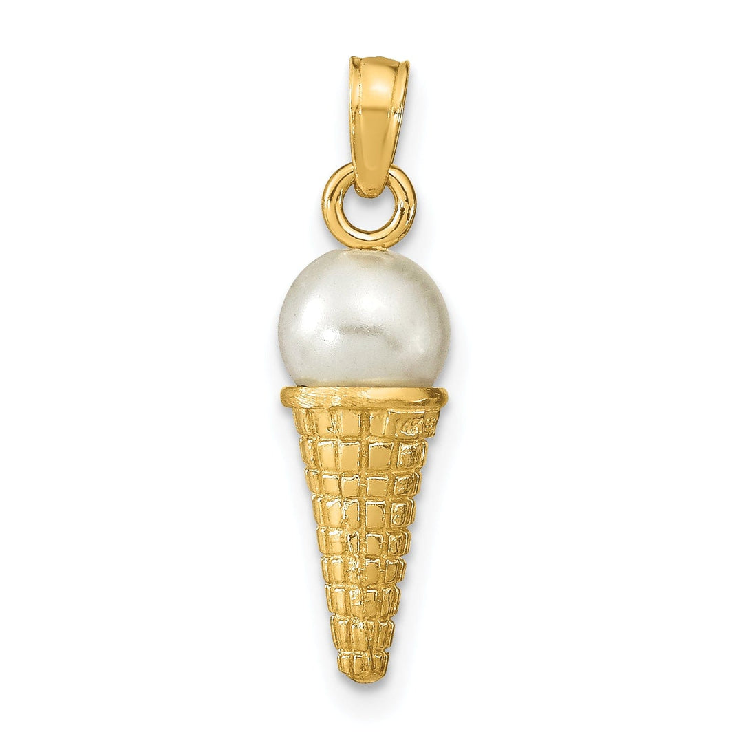 14K Yellow Gold Satin Polished Finish 3-D with White Bead Ice Cream Cone Charm
