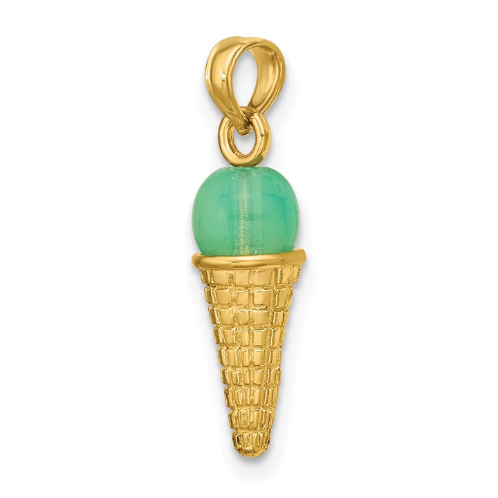 14K Yellow Gold Satin Polished Finish 3-Dimensional with Green Bead Ice Cream Cone Charm Pendant