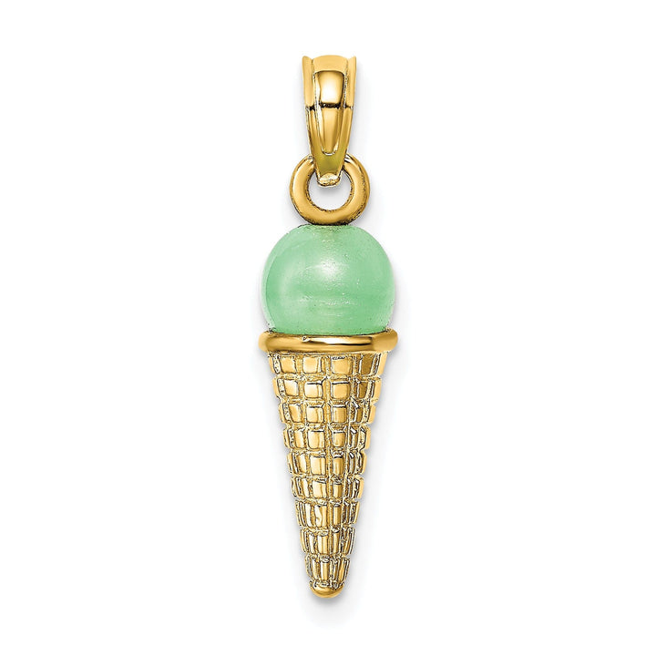 14K Yellow Gold Satin Polished Finish 3-Dimensional with Green Bead Ice Cream Cone Charm Pendant