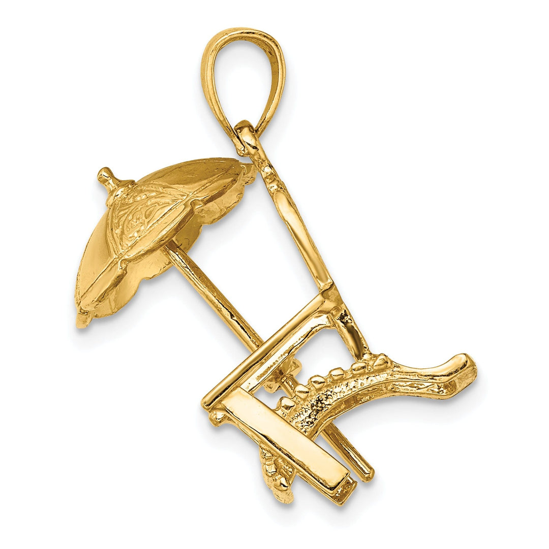 14K Yellow Gold Polished Finish 3-Dimensional Beach Chair with Umbrella Charm Pendant