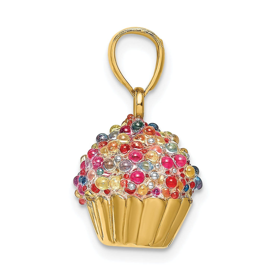 14K Yellow Gold Polished Finish 3-Dimensional Multi-Colored Bead Design Icing Cupcake Charm Pendant