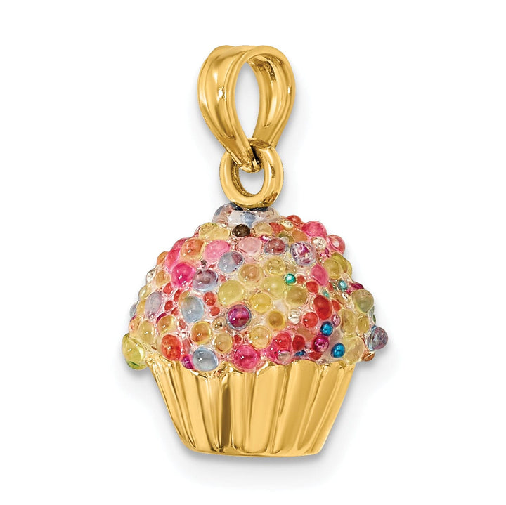 14K Yellow Gold Polished Finish 3-Dimensional Multi-Colored Bead Design Icing Cupcake Charm Pendant