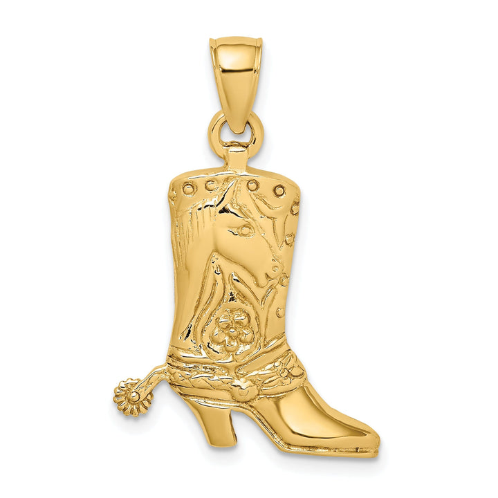 14K Yellow Gold Textured Polished Finish Cowboy Boot with Spur Charm Pendant