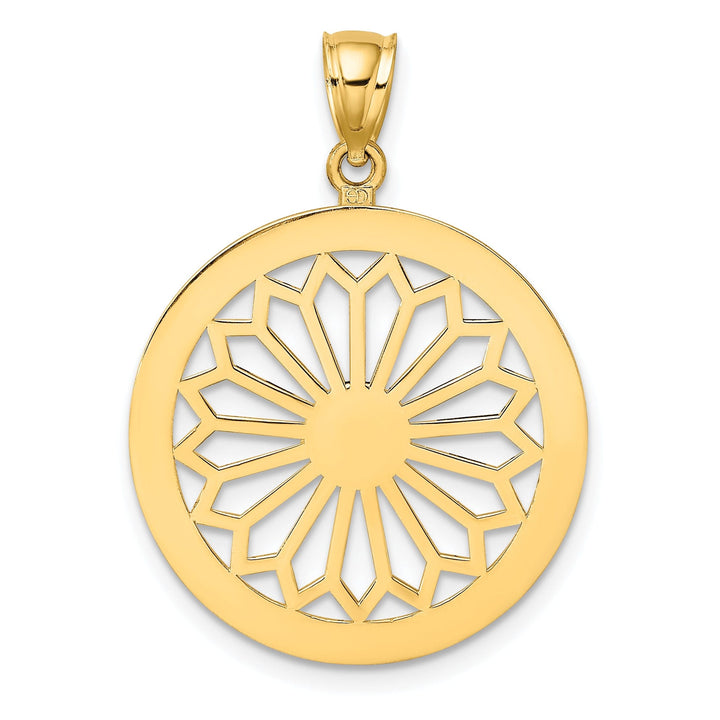 14K Yellow Gold Polished Finish Retro Diasy In Round Frame Design Pendant