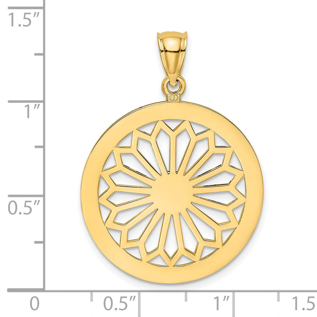 14K Yellow Gold Polished Finish Retro Diasy In Round Frame Design Pendant