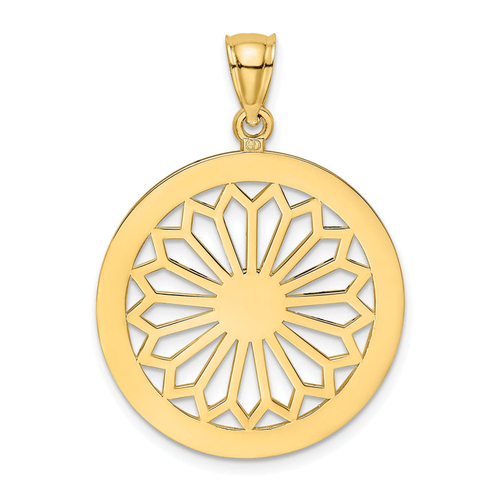 14K Yellow Gold Polished Finish Retro Diasy In Round Frame Design Pendant