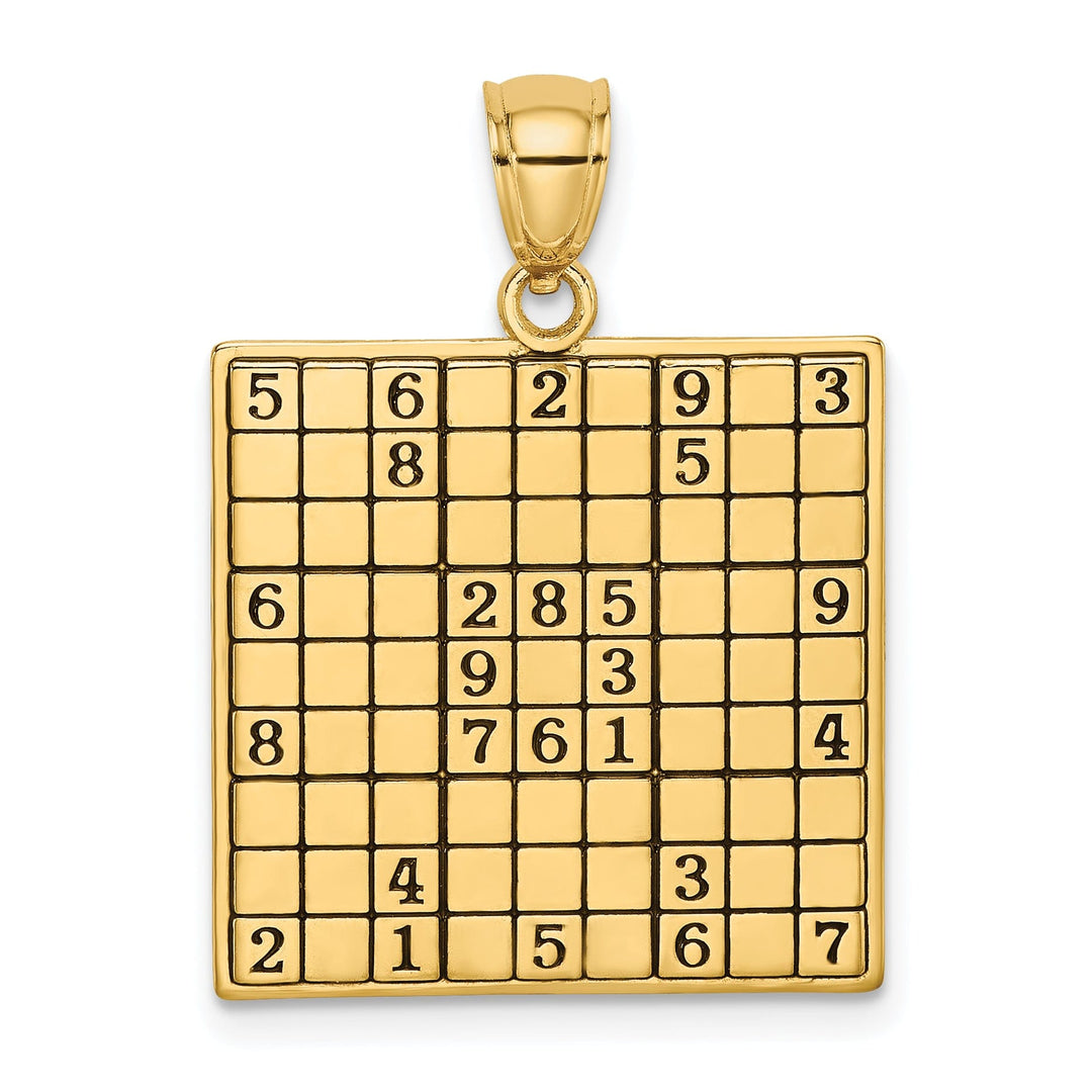 14K Yellow Gold Textured Polished Antiqued Finish Sudoku Game Board Charm Pendant