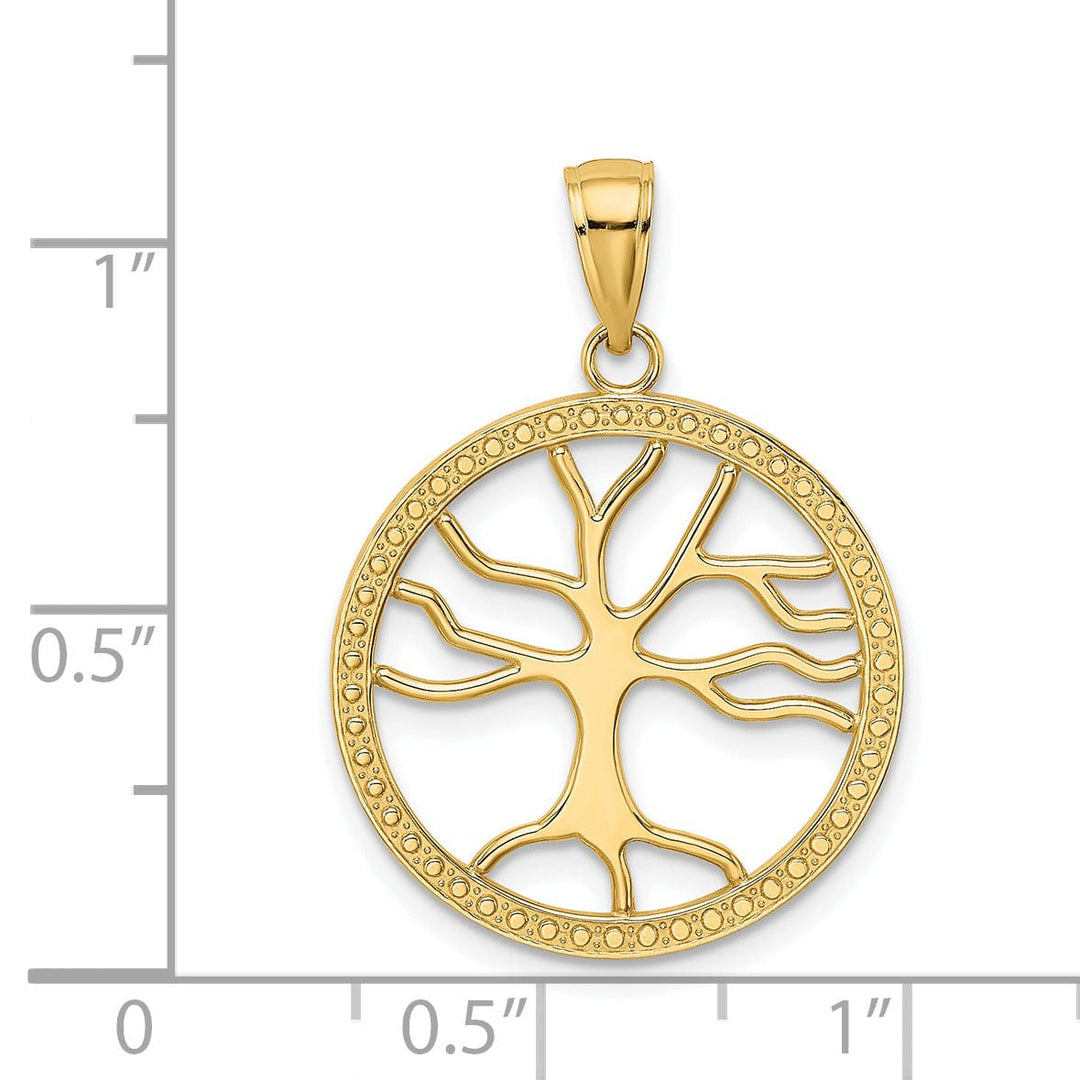 14K Yellow Gold Textured Polished Finish Tree of Life in a Large Size Round Beaded Frame Design Charm Pendant