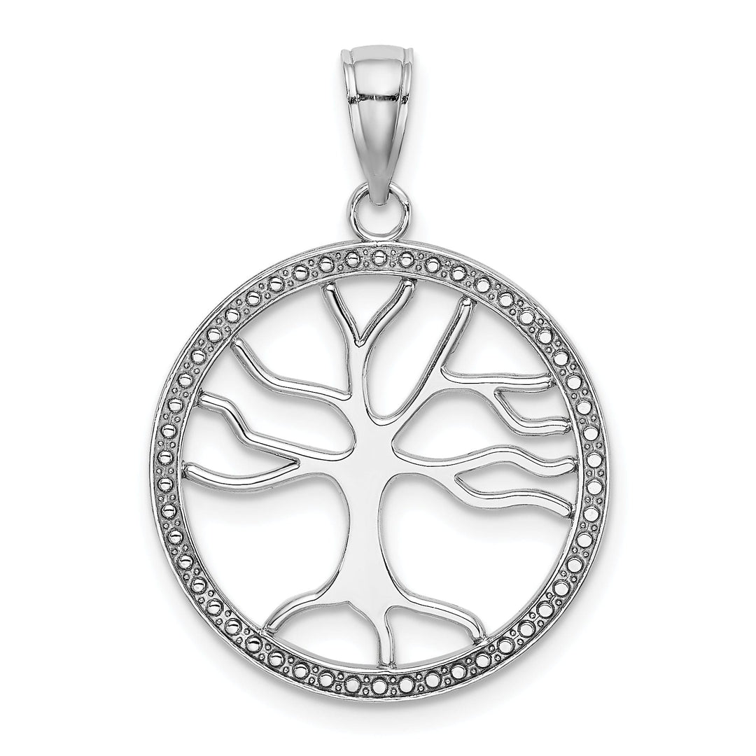 14K White Gold Textured Polished Finish Tree of Life in a Large Size Round Beaded Frame Design Charm Pendant