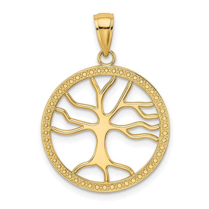 14K Yellow Gold Textured Polished Finish Tree of Life in a Large Size Round Beaded Frame Design Charm Pendant