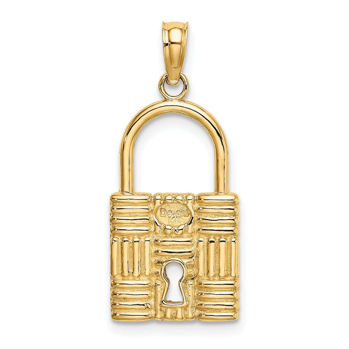 14K Yellow Gold 3-D Padlock with Key Hole Design Charm Pendant