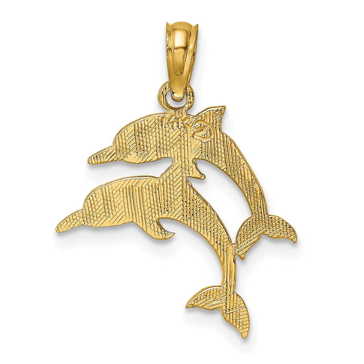 14K Yellow Gold Polished Textured Finish Double Dolphins Swimming Design Charm Pendant