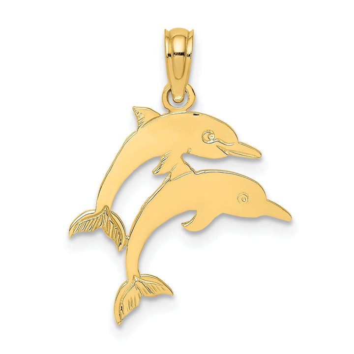 14K Yellow Gold Polished Textured Finish Double Dolphins Swimming Design Charm Pendant