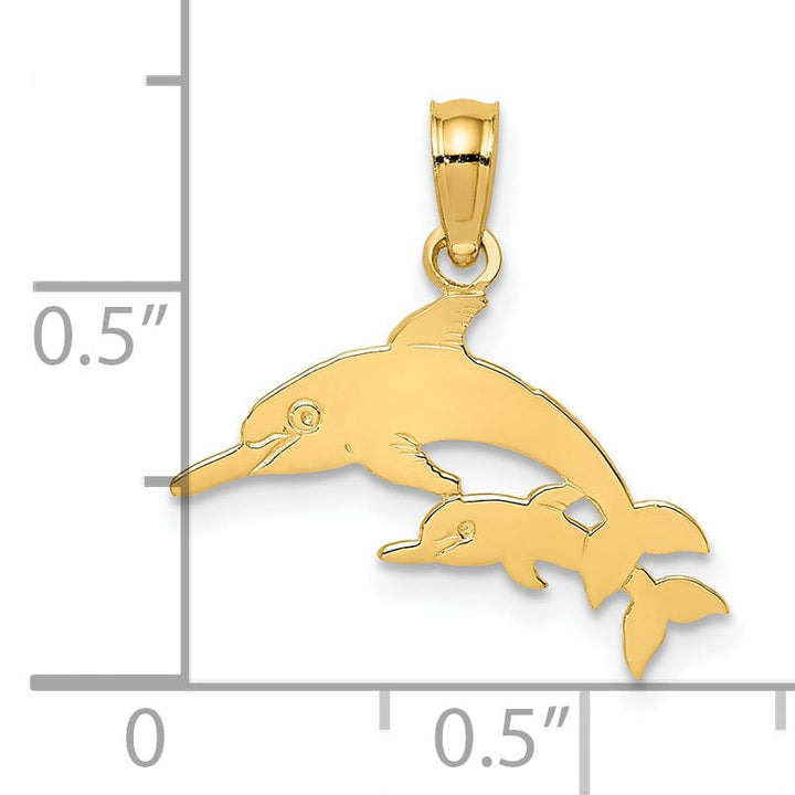 14K Yellow Gold Polished Finish Mother and Calf Dolphin Design Charm Pendant