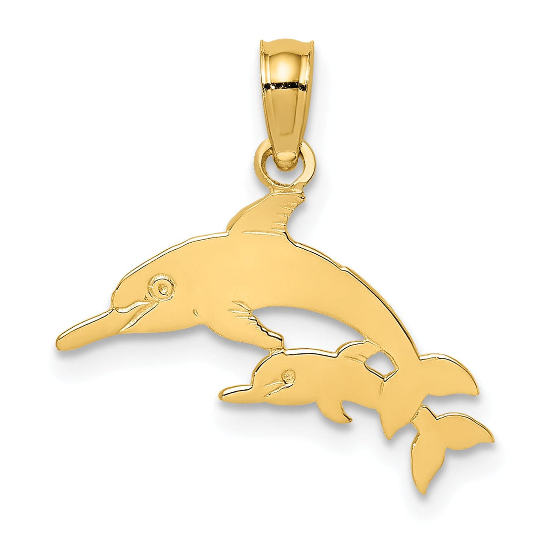 14K Yellow Gold Polished Finish Mother and Calf Dolphin Design Charm Pendant