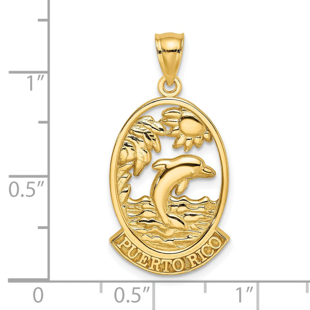 14K Yellow Gold Polished Finish PUERTO RICO with Dolphin Sunset Scene Design Oval Shape Charm Pendant